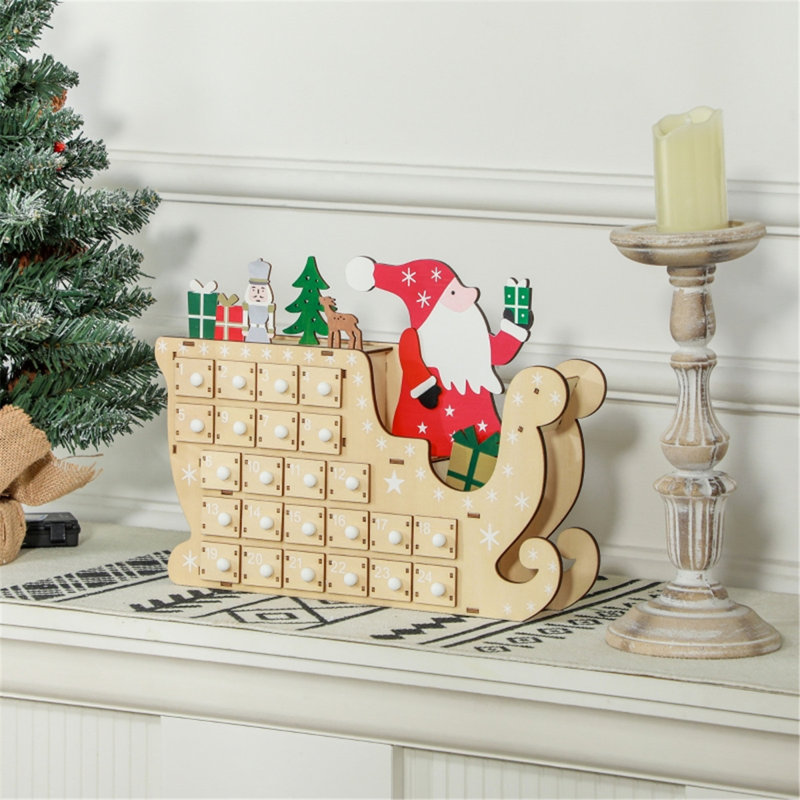 Calendrier de l'Avent de Noël - forme de traîneau du Père Noël, tiroirs à rebours 24 jours, bois naturel réutilisable (MDF), pré-assemblé pour bureau / manteau / foyer, l 8,9 po x l 3,1 po x H 14,2 po