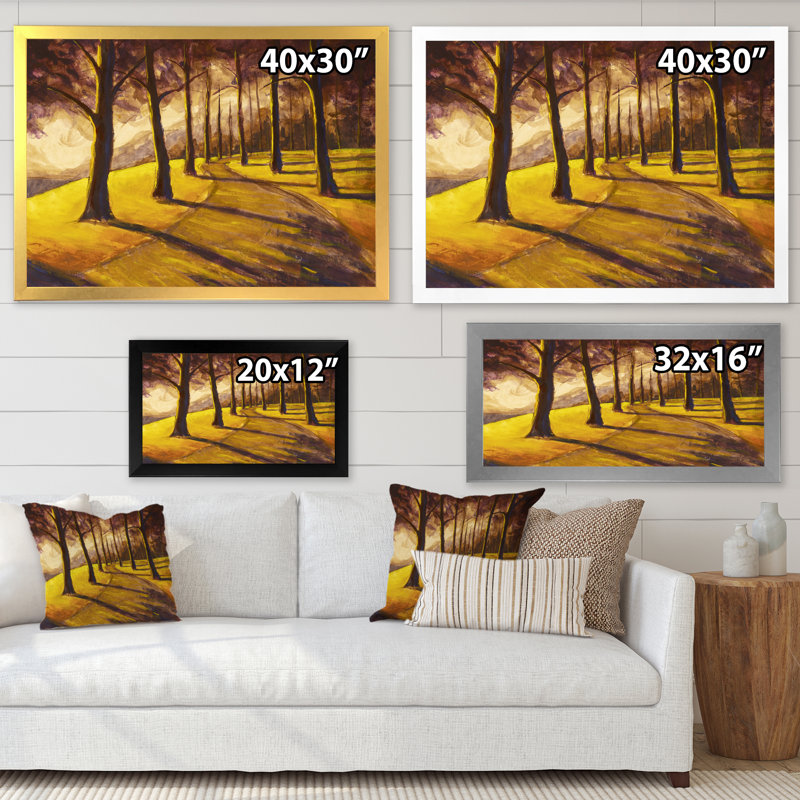 Chemin de randonnée pédestre dans la forêt ensoleillée, impression sur toile, H 16 po x l 32 po x P 1 po, Cadre photo blanc