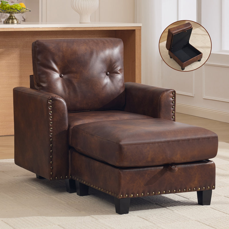 Canapé modulaire en similicuir avec repose-pieds de rangement, 1 Seat + 1 Ottoman, Brown