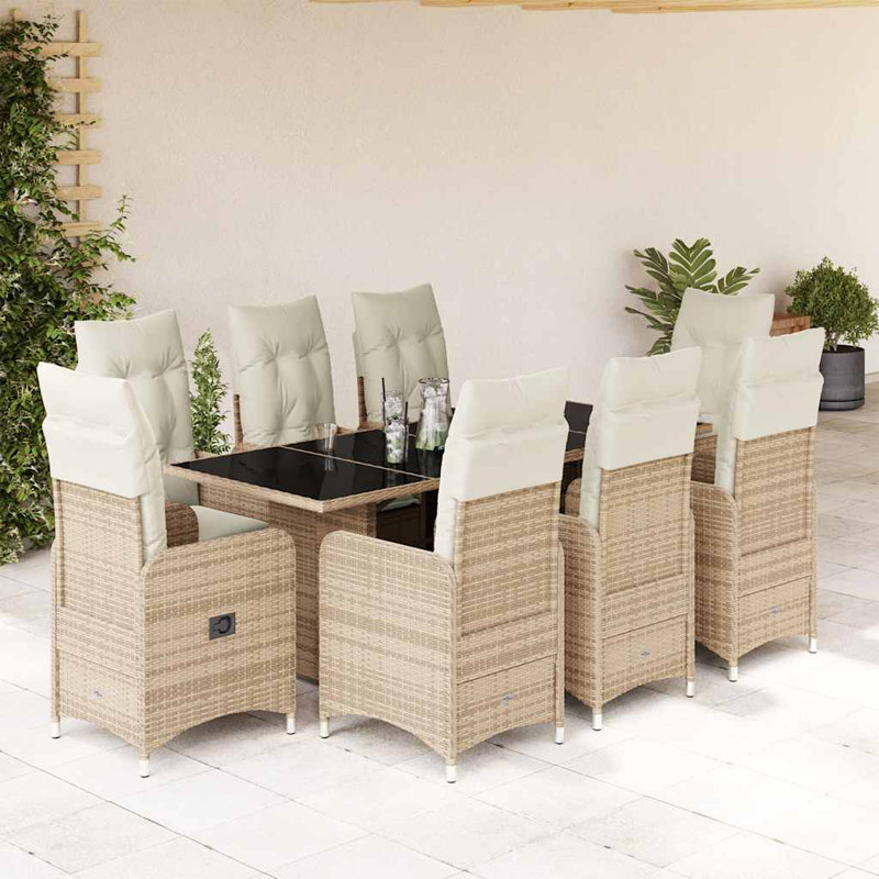  Ensemble bistro 9 pièces avec coussins en rotin beige