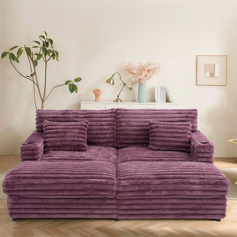 83.5" Plush Sofa Bed Chaise Lounge With Faux Rabbit Fur, USB Charging Ports, Cup Holders & Lumbar Pillows - Cozy Sleeper Couch