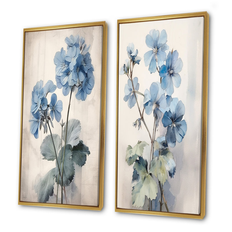Ensemble de 2 décorations murales bleues et géraniums bleues et blanches, Encadrement doré, H 32 po x l 33 po