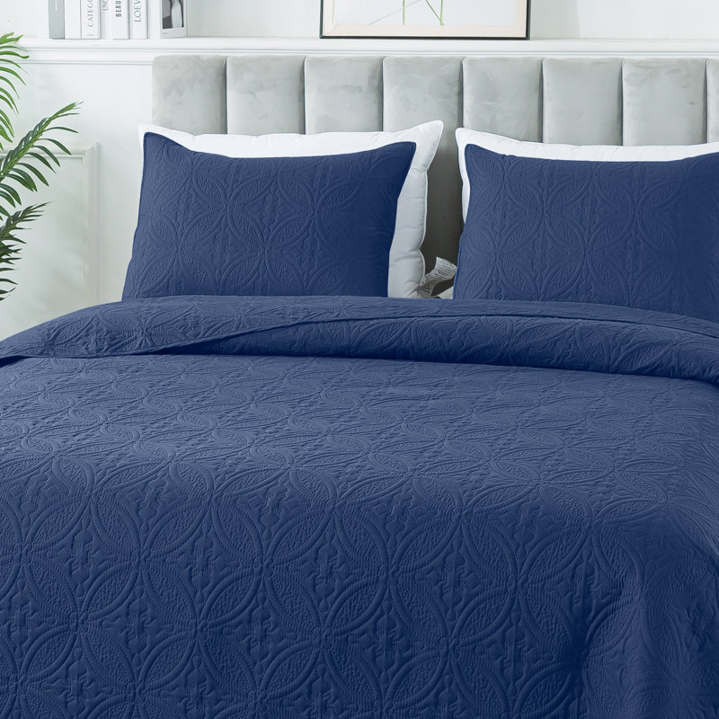 Ensemble de courtepointe en polyester , Courtepointe pour grand lit + 2 taies décoratives, Formes géométriques bleues