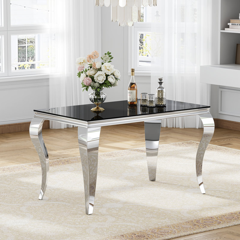 Dining Set, 0.39" Black Glass Dining Table with Mirror Stainless Steel Legs, 4 Velvet Dining Chairs with Nailhead Trim and High-Density Foam Padding
