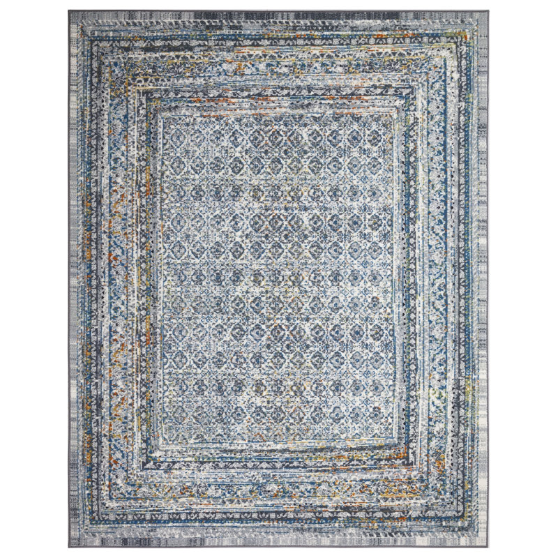 Lyanne Washable Non-Slip Diamond Ivory/Blue Area Rug, Rectangle 2'7" x 9'