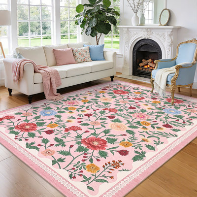 Floral Pink Rugs for Living Room Bedroom 8x10 Farmhouse Washable Area Rugs Soft Stain Resistant Carpet Non Slip Non-Shedding Low-Pile Large Carpet for Home Office Decor