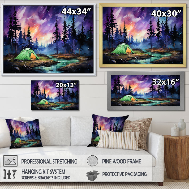 Northern Lights Camping Escape 3 - Art mural de voyage en camping, Cadre d'angle fermé noir, H 12 po x l 20 po x P 1 po