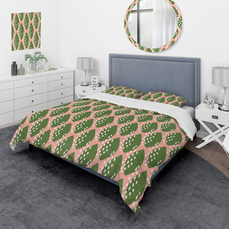 Formes de feuilles rétro à pois blancs - Ensemble de housse de couette moderne - Polyester en microfibre, Vert