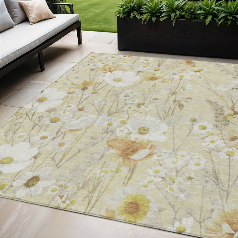 Tapis extérieur lavable floral blé et ivoire 5 pi x 8 pi