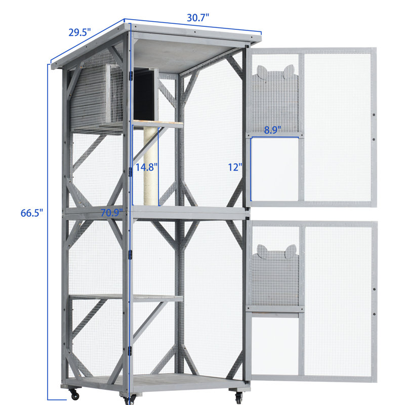 Enclos d'extérieur pour chat 70,9 po - grand avec boîte de repos améliorée, 2 petites portes pour chats (11 cabines à roulettes 25 lb, 1 poteau à griffes, 6 personnes)