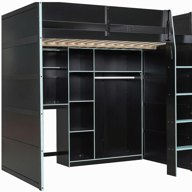 Lit mezzanine double en bois avec bureau, garde-robe ouverte, compartiments de rangement et lumières RVB, bleu nuage, Bleu
