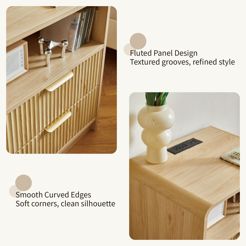 Avalie Fluted Nightstand Set Of 2, Scalloped Edges, Bedside Table with Cable Management & Built-in Outlet, Natural, Set of 2