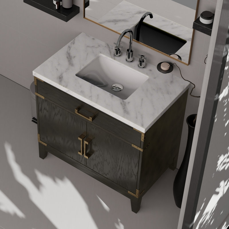 Meuble-lavabo simple en chêne noir 36 po X P 22 po D, avec plateau en marbre de Carrare, Marbre de Carrare