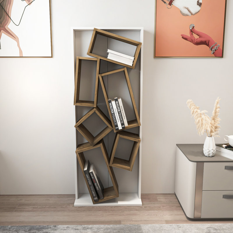 Lileana 153.6 cm H x 60 cm W Geometric Bookcase, White/Light Brown