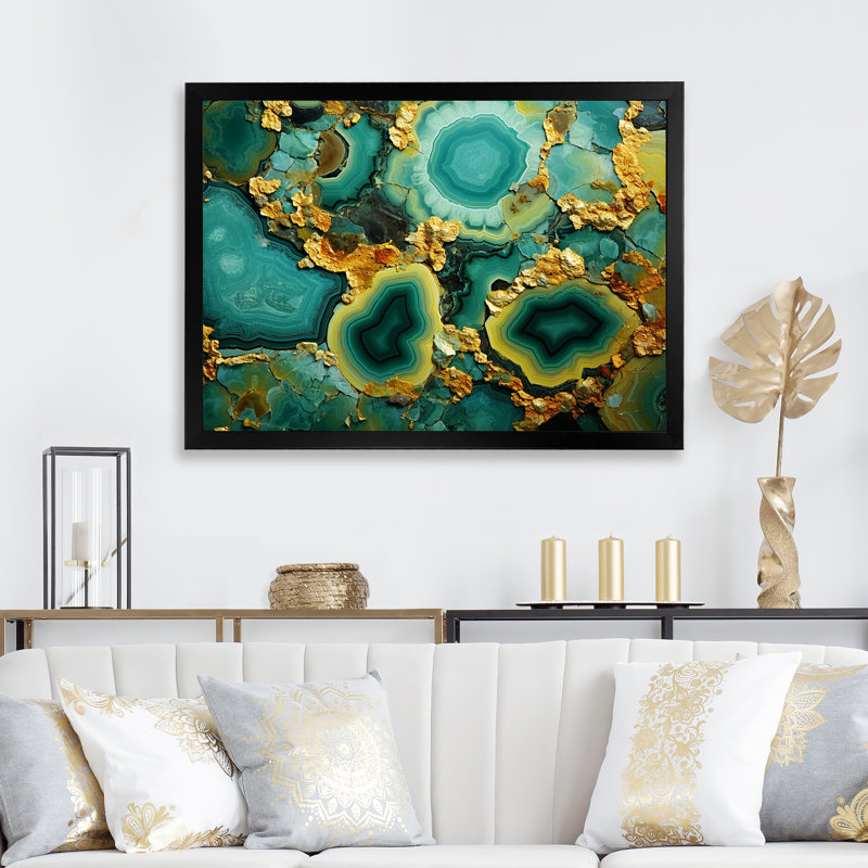 Amazonite dorée verte dorée - géode de pierre, art mural, H 34 po x l 44 po x P 1,5 po, Cadre d'angle fermé noir