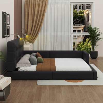 Contemporary Tufted Queen-Size Platform Bed With Headboard And Faux Leather Day Bed Frame