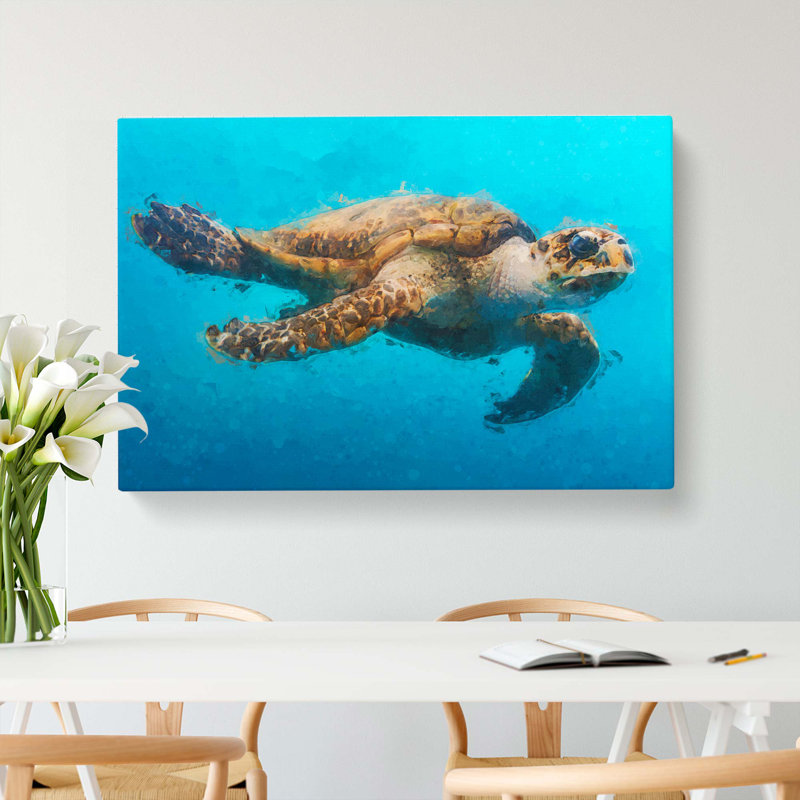 Swimming Sea Turtle In Abstract - Wrapped Canvas Painting, 35cm H x 50cm W x 3cm D