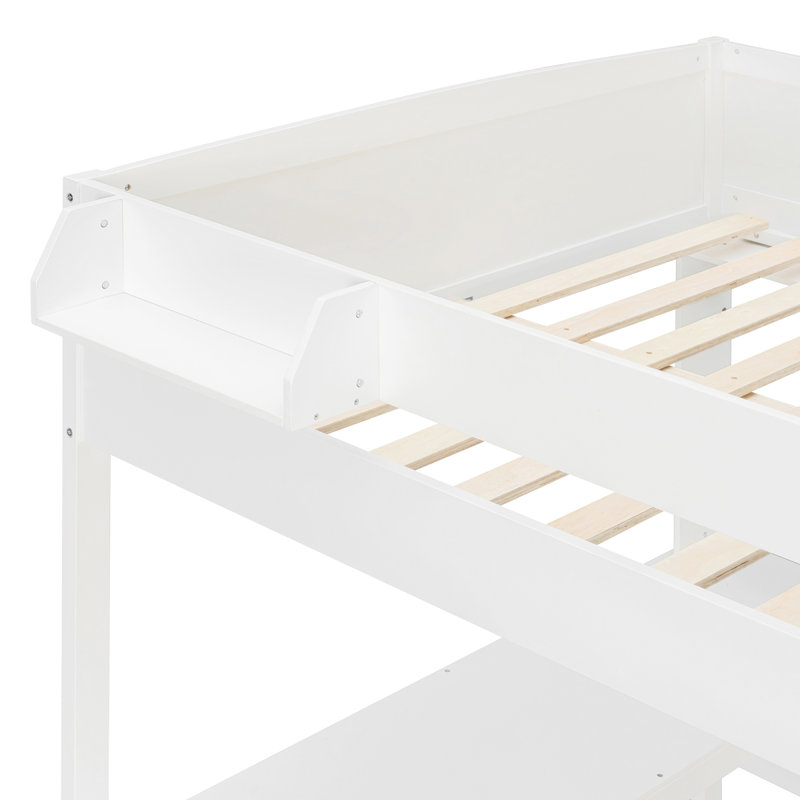 Lit mezzanine double en bois avec bureau, tablette de rangement de chevet, canapé et lumière, blanc