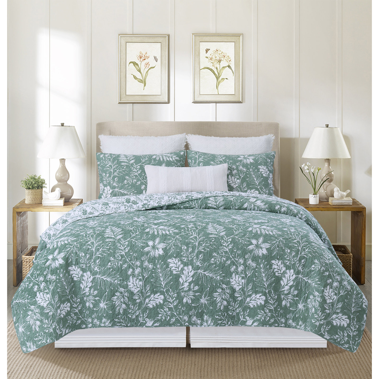 Everview Toile Cotton Quilt Bedding Set, Green, Twin Quilt + 1 Standard Sham