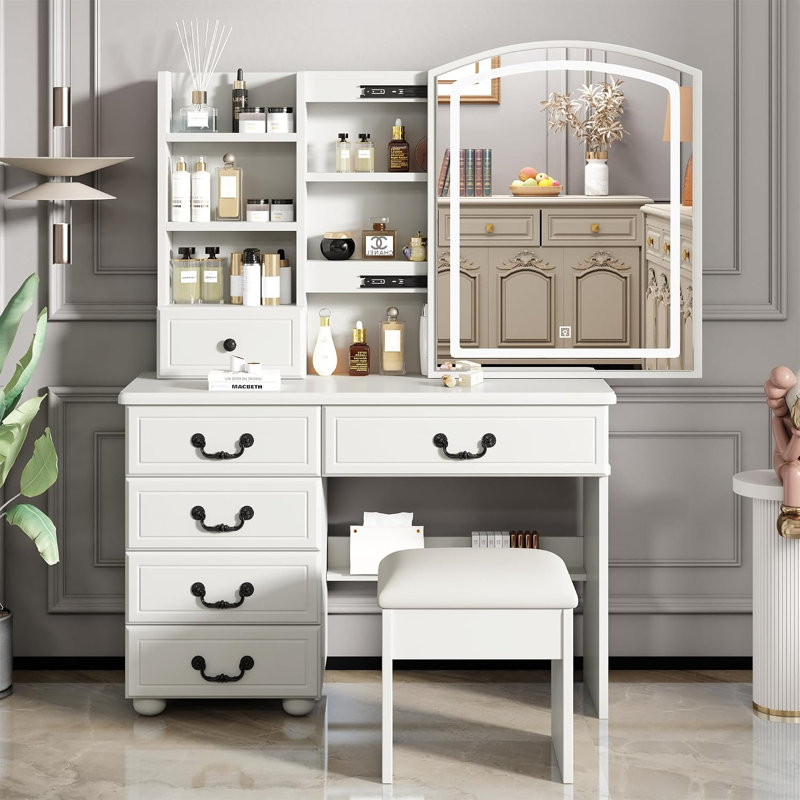 Coiffeuse de maquillage moyenne blanche avec miroir et tiroir à DEL