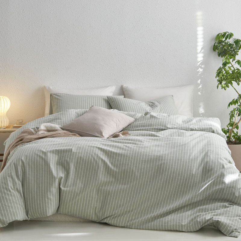Ensemble de housse de couette à rayures 100% coton lavé MooMee, Larges rayures - vert sauge / blanc