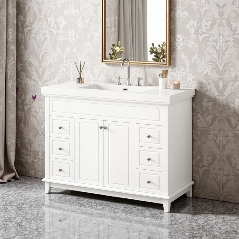 Meuble-lavabo 48 po avec lavabo en résine, pieds en pin massif, 6 tiroirs à fermeture douce et rangement pour porte double