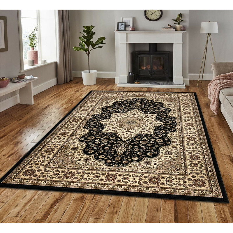 Arrianna Traditional Carpet Living Room Rug Kitchen Mat Floral Flatweave Black Rug , Rectangle 60 x 110cm