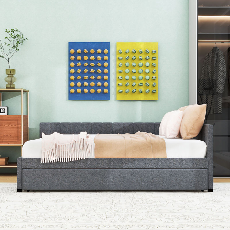 Linen Upholstered Daybed with Twin Trundle, Gray, Full/Double