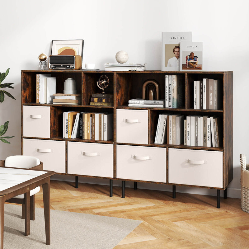 6-Cube Bookcase with 3 Removable Folding Fabric Drawers 2 Anti-tip Devices for Home Rustic Brown