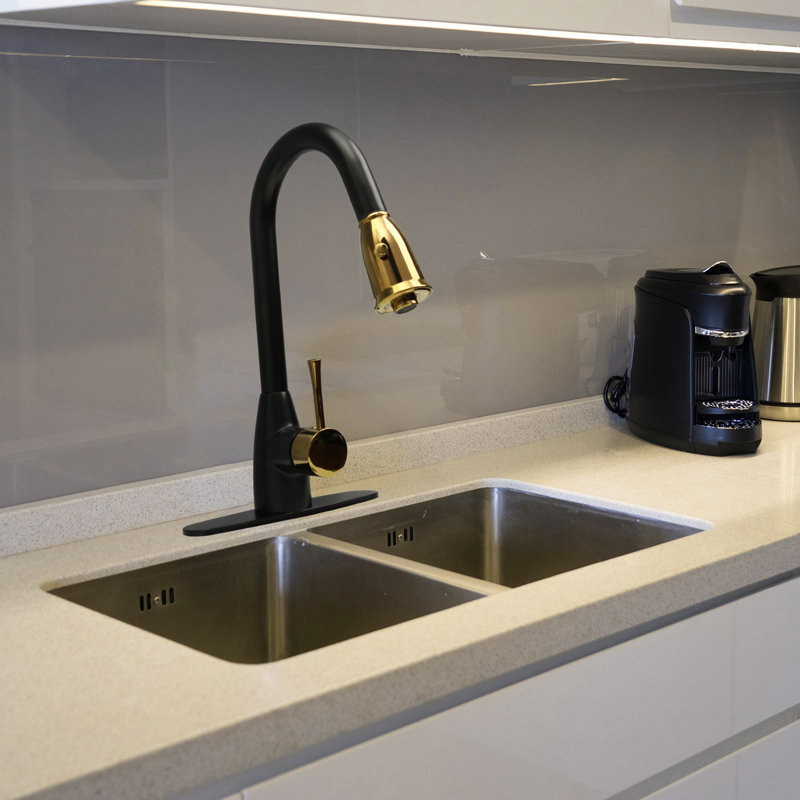 Robinet de cuisine rétractable avec poignée simple et plaque de pont, Noir et or