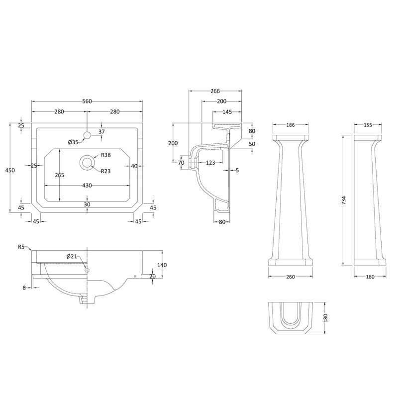 Nuie Richmond 560mm L x 450mm W White Vitreous China Rectangular Sink with Overflow, 100" H x 595" W x 470" D, 1