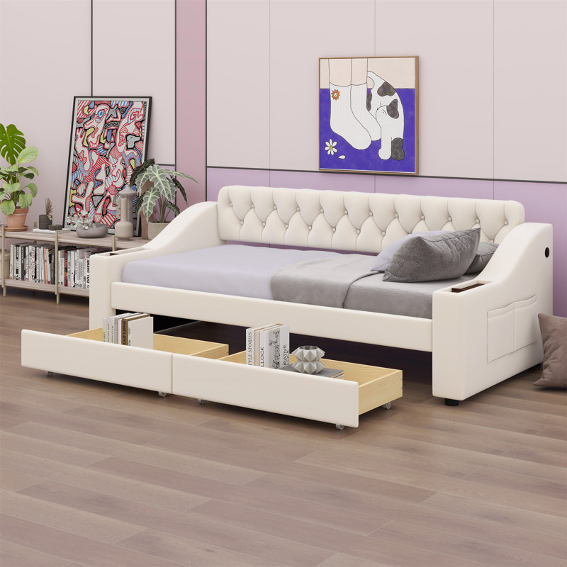 Upholstered Daybed With Storage Armrests And USB Port, Beige