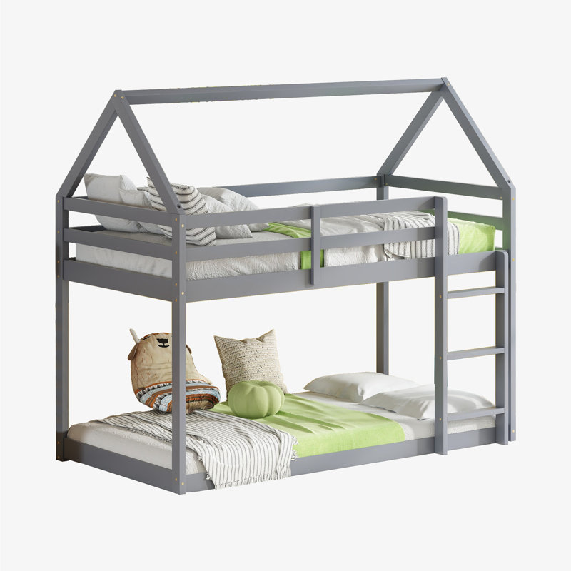 Lit simple au-dessus d'un lit superposé gris, avec une conception en forme de maison et une fabrication en bois d'hévéa massif, coffre-fort et garde-corps Lit gris, en forme de maison, fabriqué en bois, livré