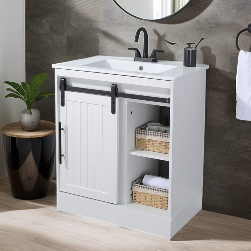 Meuble-lavabo de porte de grange coulissant autoportant 30 po blanc moderne avec lavabo