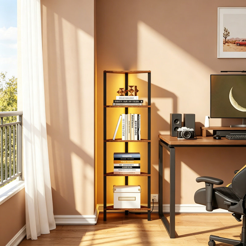 Metal Corner Bookcase, (6 Shelves) 148.5cm. H x 26cm. W x 26cm. D, Brown