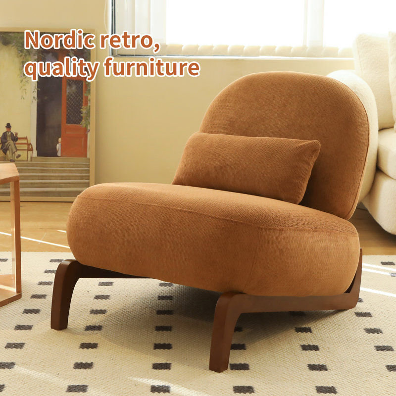 Modern Velvet Armless Accent Chair with Solid Wood Legs, Soft Cushioned Reading Chair, Caramel 