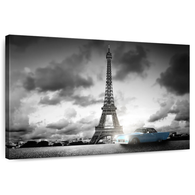 Ravi voiture rétro et Eiffel à Paris, H 34 po x l 51 po