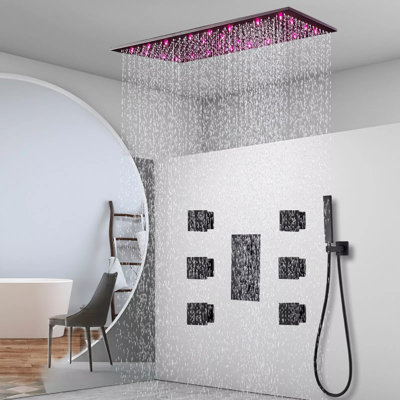 Thermostatic Shower Faucet Set 16x32in LED Rain Shower Head Massage System Black