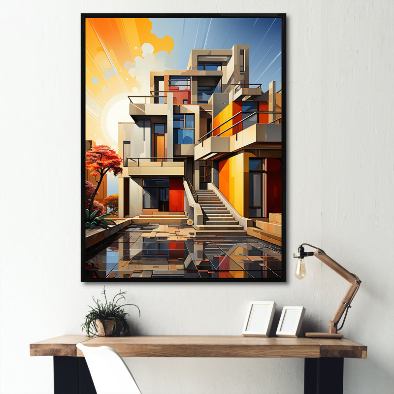Coucher de soleil sur les hôtels, reproduction sur toile, Cadre flottant noir, H 44 po x l 34 po x P 1,5 po