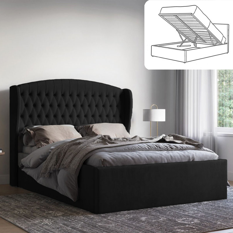 Katelin Chesterfield Ottoman Storage Bed - Soft Velvet Upholstered Gas Lift Bed Frame, Single (3'), Black