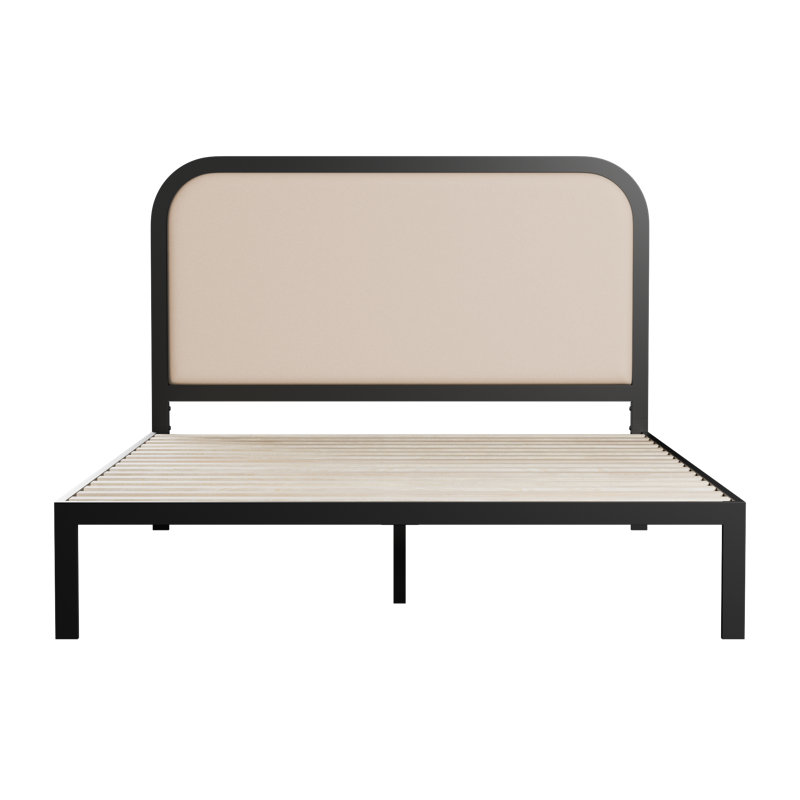 Black Metal Bed Frame with Rounded Upholstered Headboard
