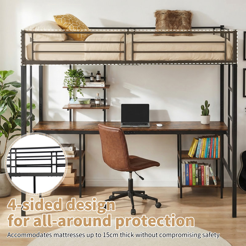 Zebedee Metal Loft Bed with Desk and Shelves, Space - Saving Multifunctional Bed Frame