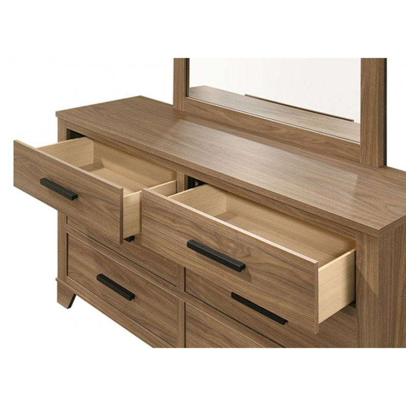Commode 6 tiroirs transitionnelle en noyer d'hévéa avec glissière centrale en métal
