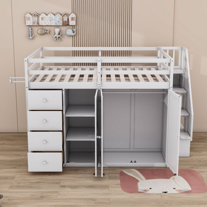 Lit mezzanine double avec tiroirs Jebidiah Kids, Blanc