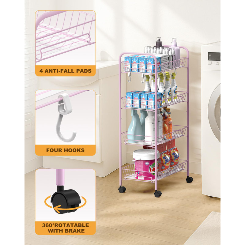 4-Tier Rolling Utility Cart with Removable Baskets,Pink