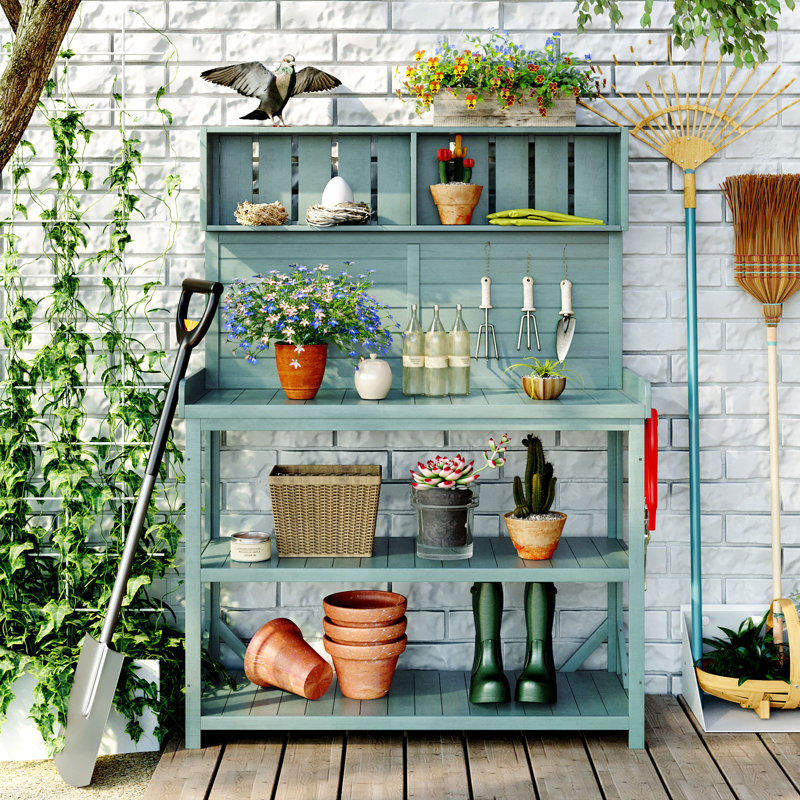 Pradyoth 65" H Fir Wood Potting Bench with 4 Storage Shelves & Side Hook, Green