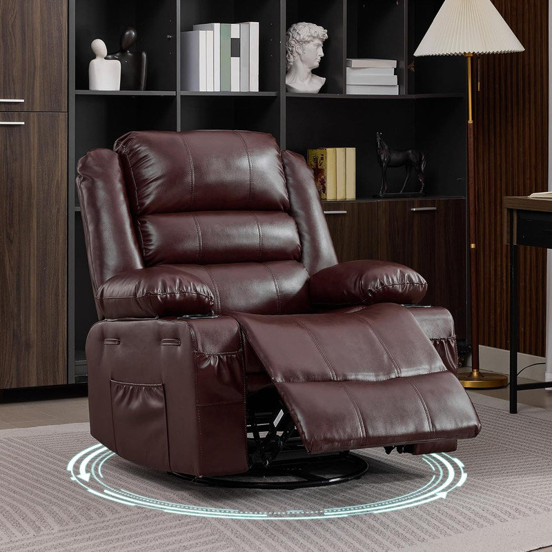 Fauteuil inclinable pivotant à 360 ° pour adultes, fauteuil à bascule manuel à 3 positions et poches latérales, Brun