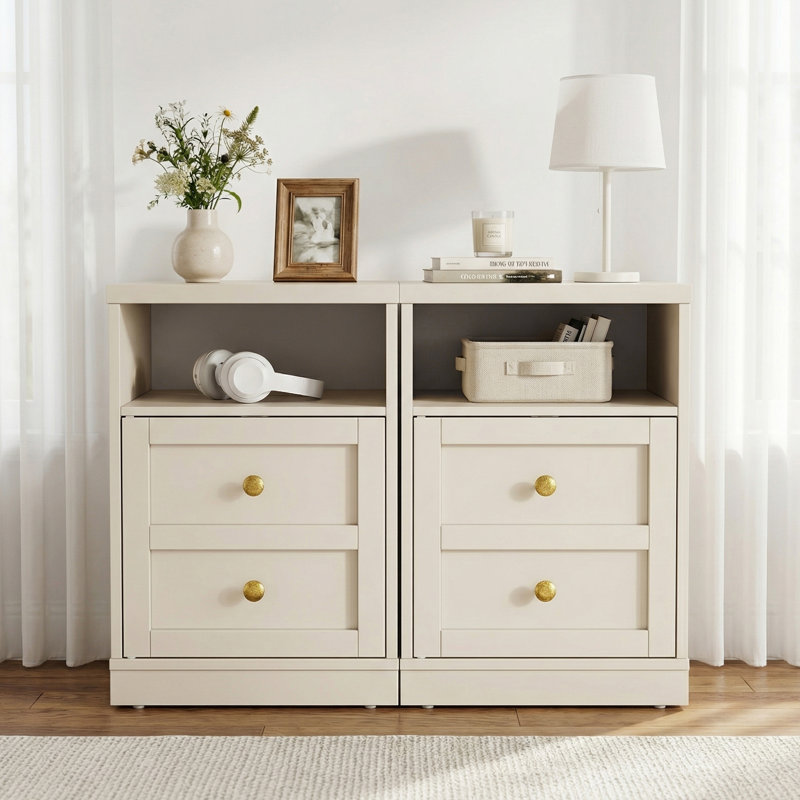 Table de chevet moderne avec porte et tablette ouverte, Beige