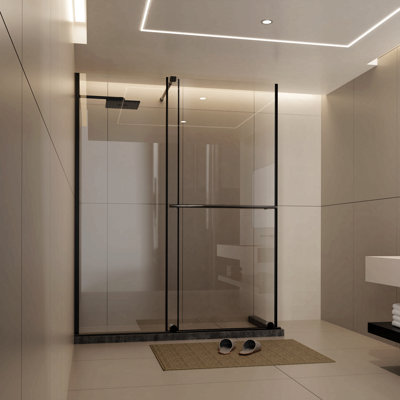 Porte de douche en verre, porte de douche coulissante en H 72 po à double usage, panneau de verre épais de 1/4 po avec poignée en acier inoxydable, barre de support, noir