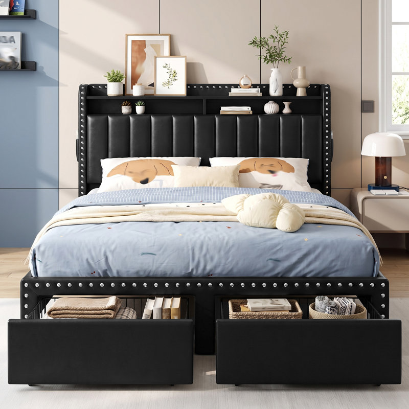 Cadre de lit Francille, taille standard, capitonné, orné de rivets, 2 tiroirs sous le lit, tête de lit à 2 niveaux avec poches latérales, sommier non requis